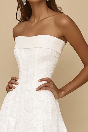 A-Line Strapless Lace Tea Length Little White Graduation Dress
